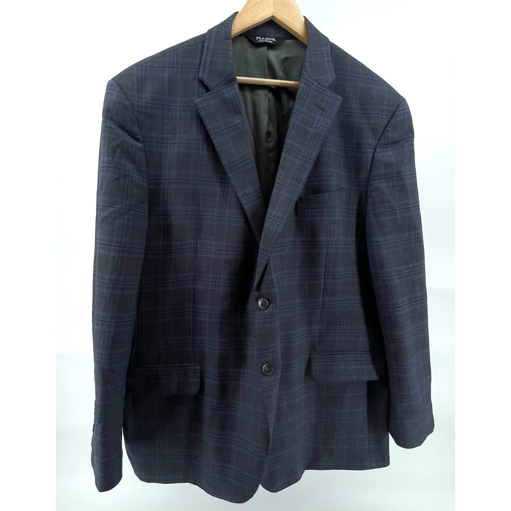 Jos. A. Bank Traveler Blazer Mens 46R Blue Plaid Wool Blend Tailored Fit Jacket